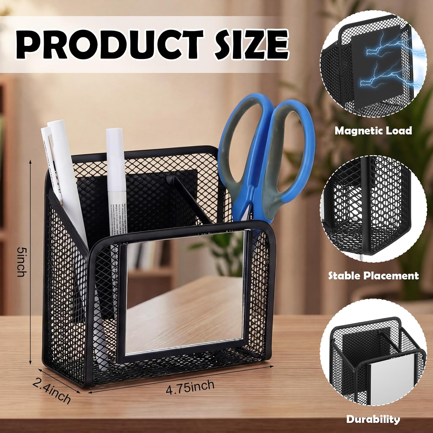 2 Pack Magnetic Mesh Locker Organizer with Mirror, Magnetic Pencil Holder Storage Caddy, 2 Compartments Locker