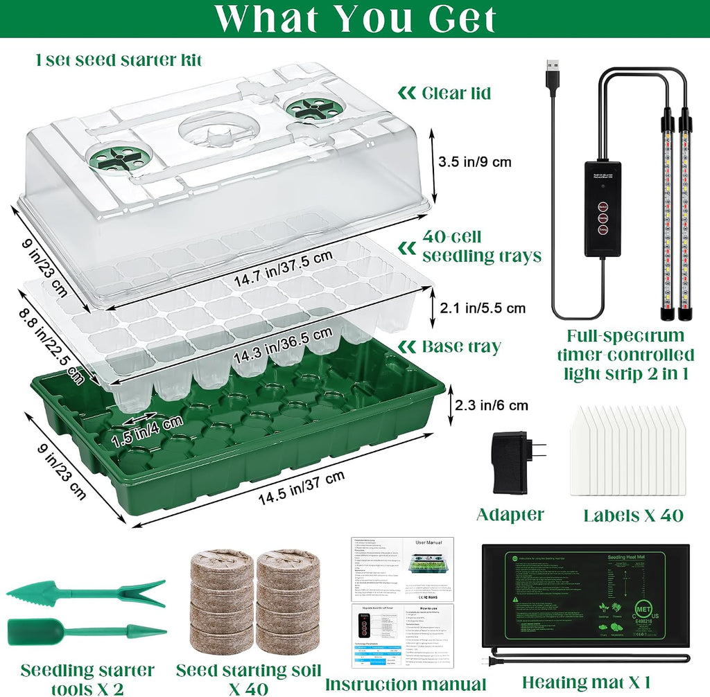 Seed Starter Kit 40-Cell Seed Starter Tray with Grow Lights Full Spectrum Seedling Heat Mat 40 Peat Pellets Seeds