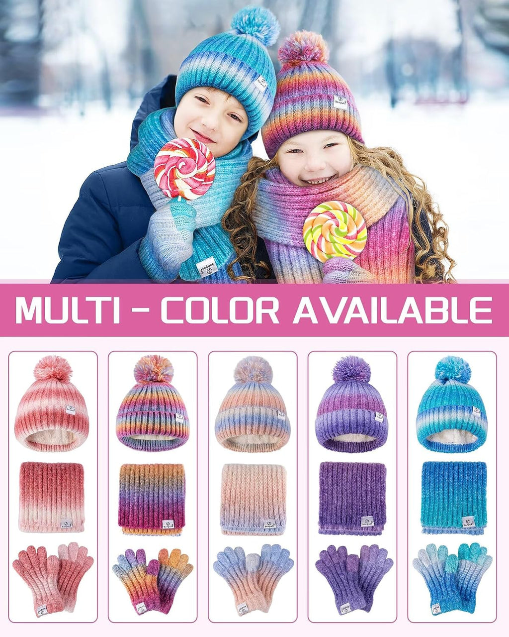 Kids Winter Beanie Gloves Scarf Set,Girls Toddler Winter Hat With Pom Neck Warmer Gaiter Mittens Fleece Lined Set