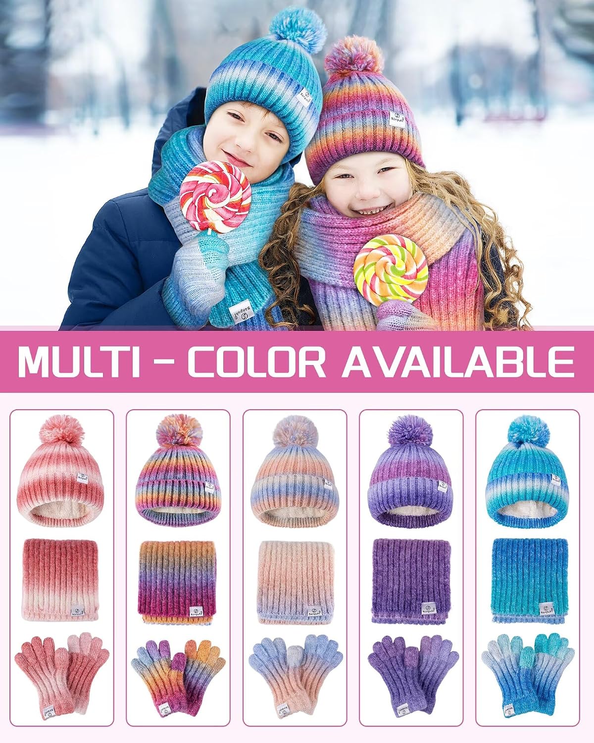 Kids Winter Beanie Gloves Scarf Set,Girls Toddler Winter Hat With Pom Neck Warmer Gaiter Mittens Fleece Lined Set