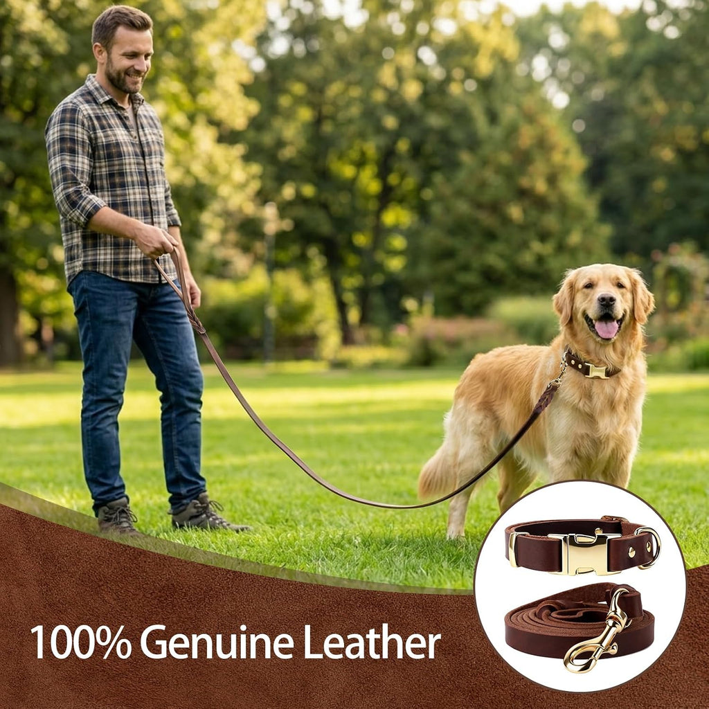 Leather Dog Collar and Leash Set, 6FT Heavy Duty Leather Training Leash with Adjustable Dog Collar, Soft and Durable