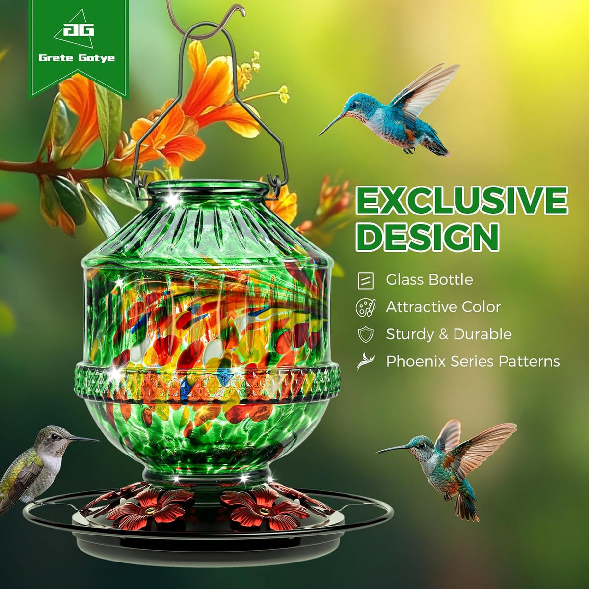 Hand Blown Glass Hummingbird Feeders for Outdoors, 25 Ounces Wild Bird Nectar Feeder with Perch & 5 Flower Feeding