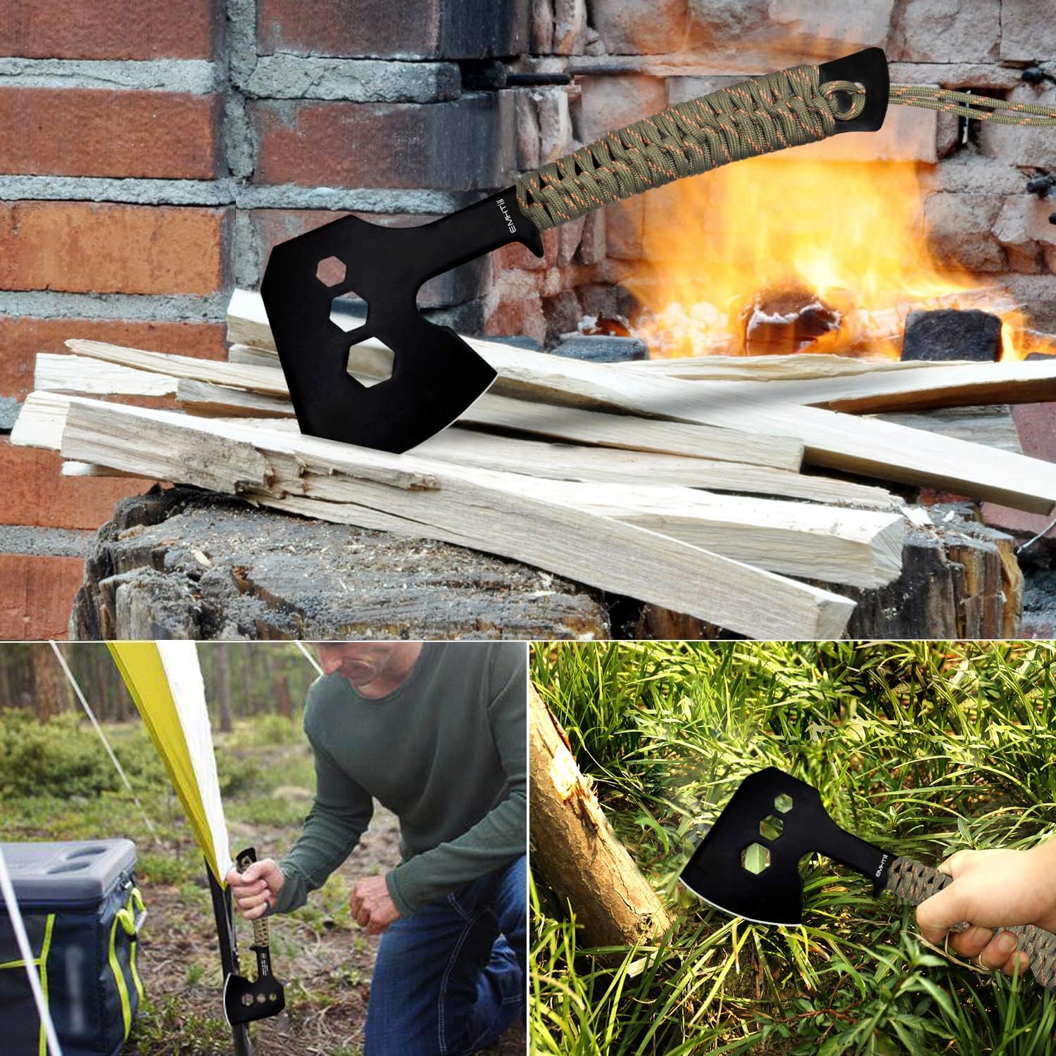 Camping Axe Small Hatchet with 3 Hex Wrenches, Rope Handle | 10 inch Full Tang Construction, Stainless Steel, Outdoor