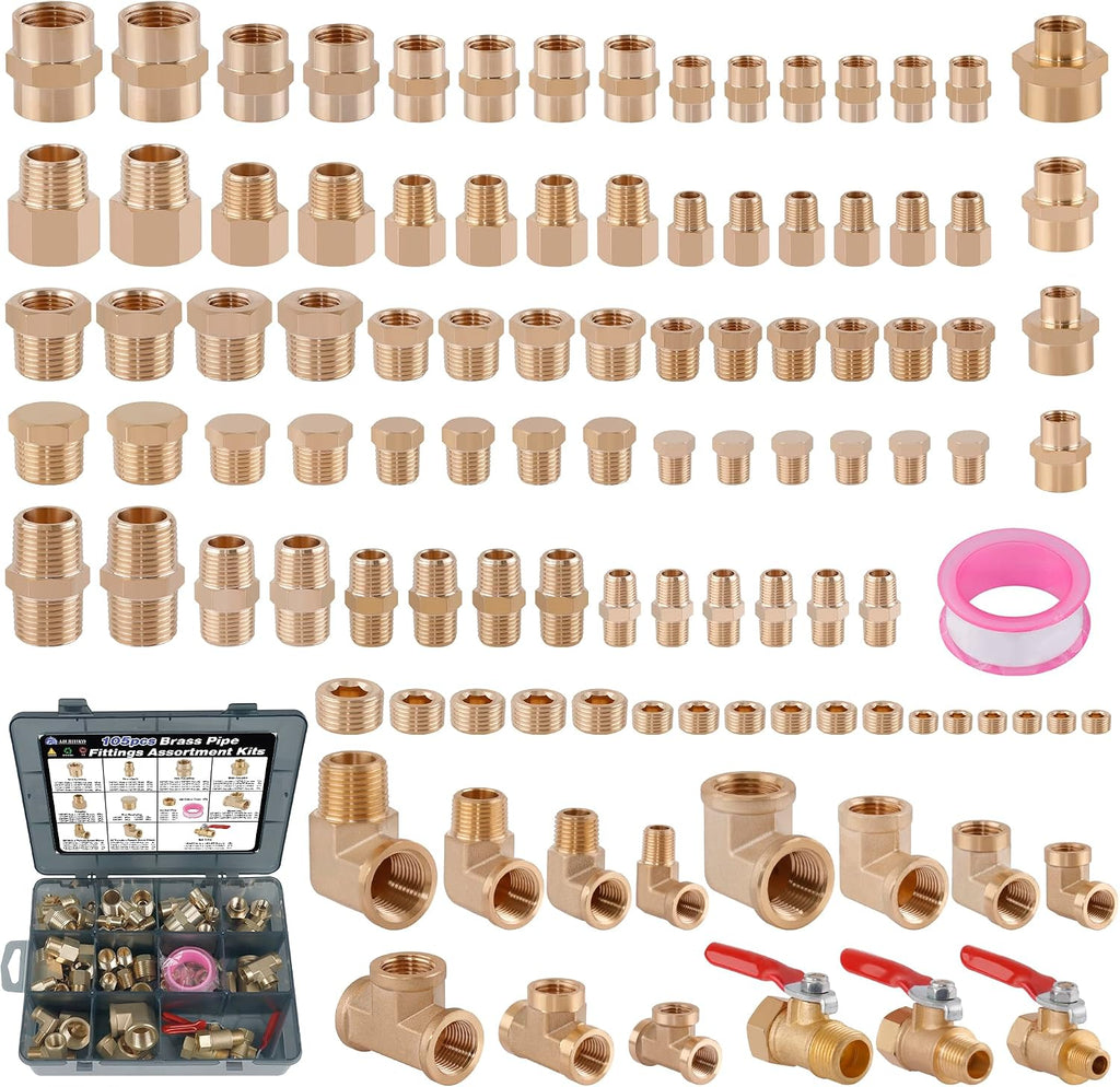 105PCS Brass Pipe Fittings Assortment Kit,1/8" 1/4" 3/8" 1/2" NPT