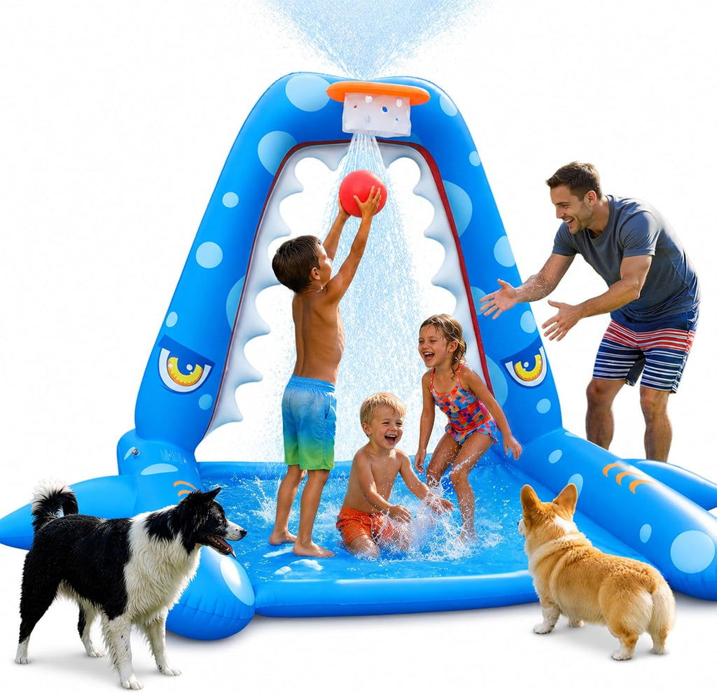 Sprinkler for Kids Outdoor Play, Giant Inflatable Shark Water Toys Splash Pad with Basketball Hoop, Fun Sprinkler