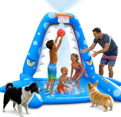 Sprinkler for Kids Outdoor Play, Giant Inflatable Shark Water Toys Splash Pad with Basketball Hoop, Fun Sprinkler