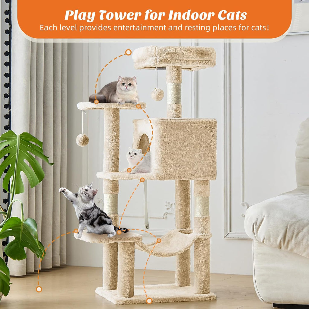 44 Inch Cat Tree Tower, Cat Climbing Tower with Natural Sisal Scratching Posts, Hammock, Pet Condo for Indoor Cats