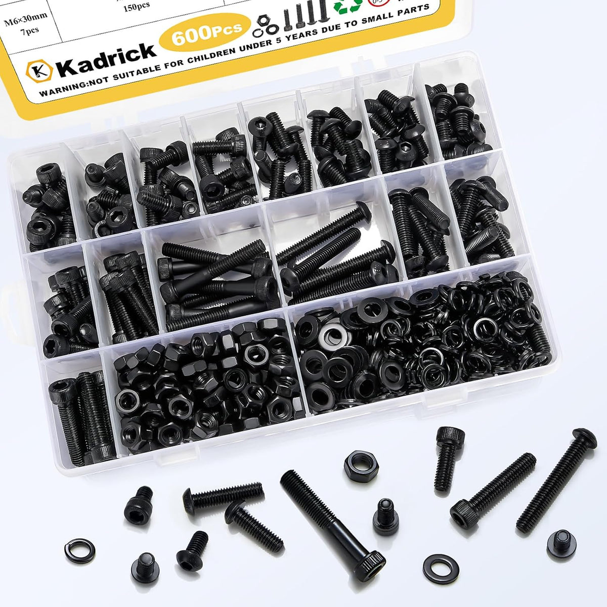 KADRICK 600PCS M6 Screws Assortment,Hex Socket Button & Cap Head M6 Bolts