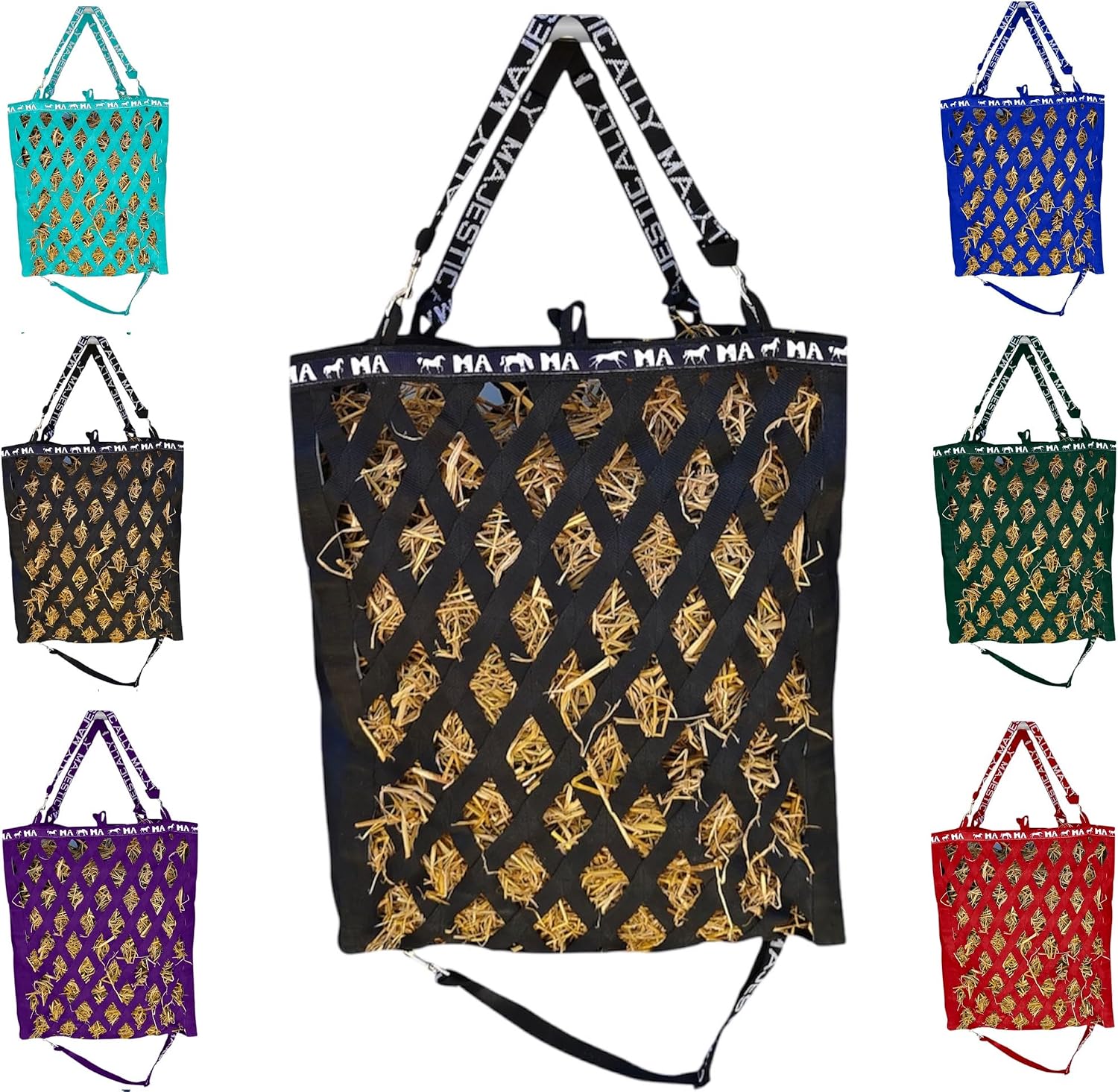 Double Side Open Slow Feeder Hay Bag - Diamond shaped Obliquely Placed Webbing (Black)