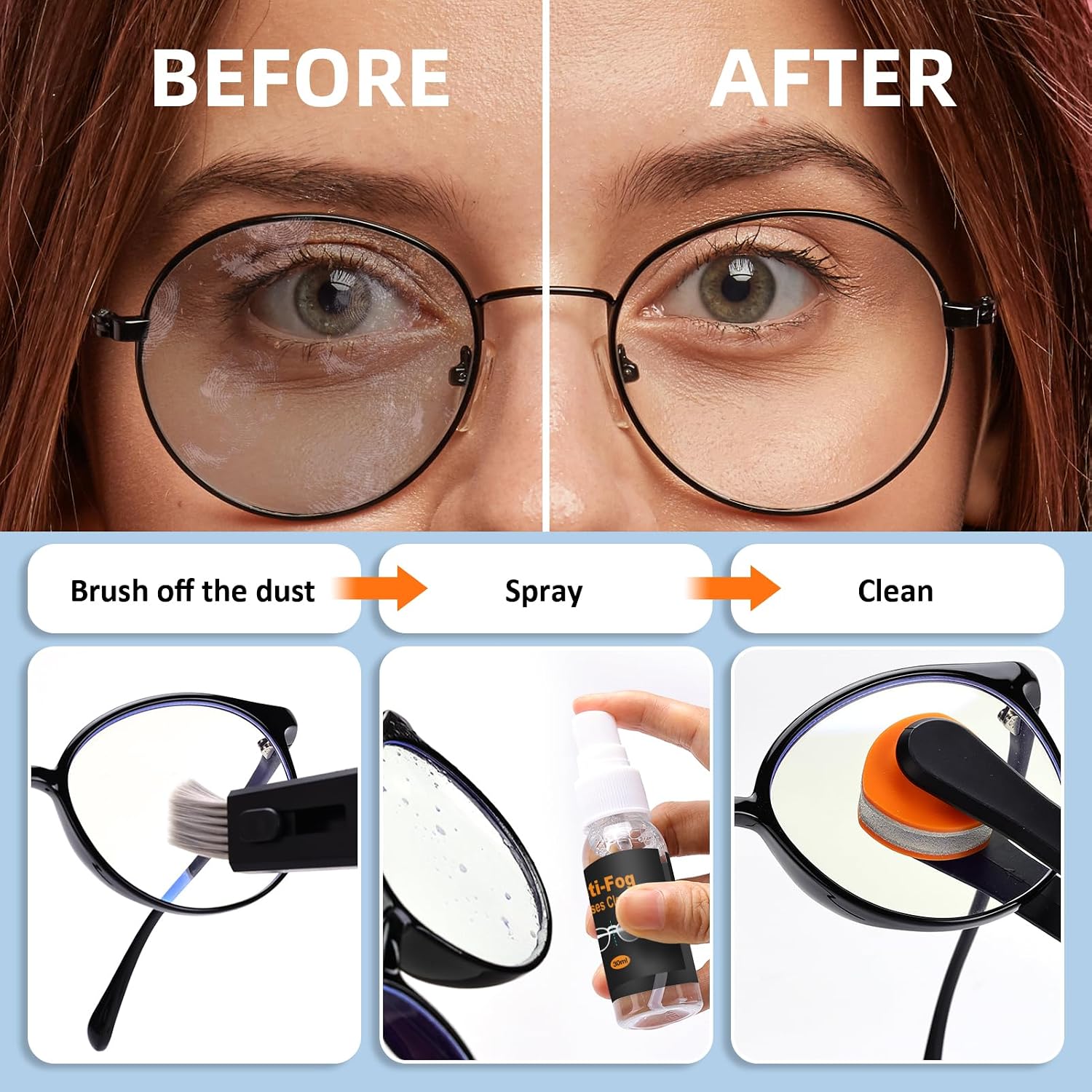 Glasses Cleaner Eyeglass Cleaning Kit with Anti Fog Spray, Microfiber Cloth | Streak-Free Cleaning Pads，Lens Wipes