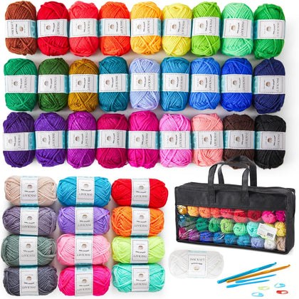 48 PCS Crochet Yarn Kit, 1400 Yards 40 Colors Acrylic Yarn Skeins, 2 Crochet Hooks, 2 Weaving Needles, 4 Stitch