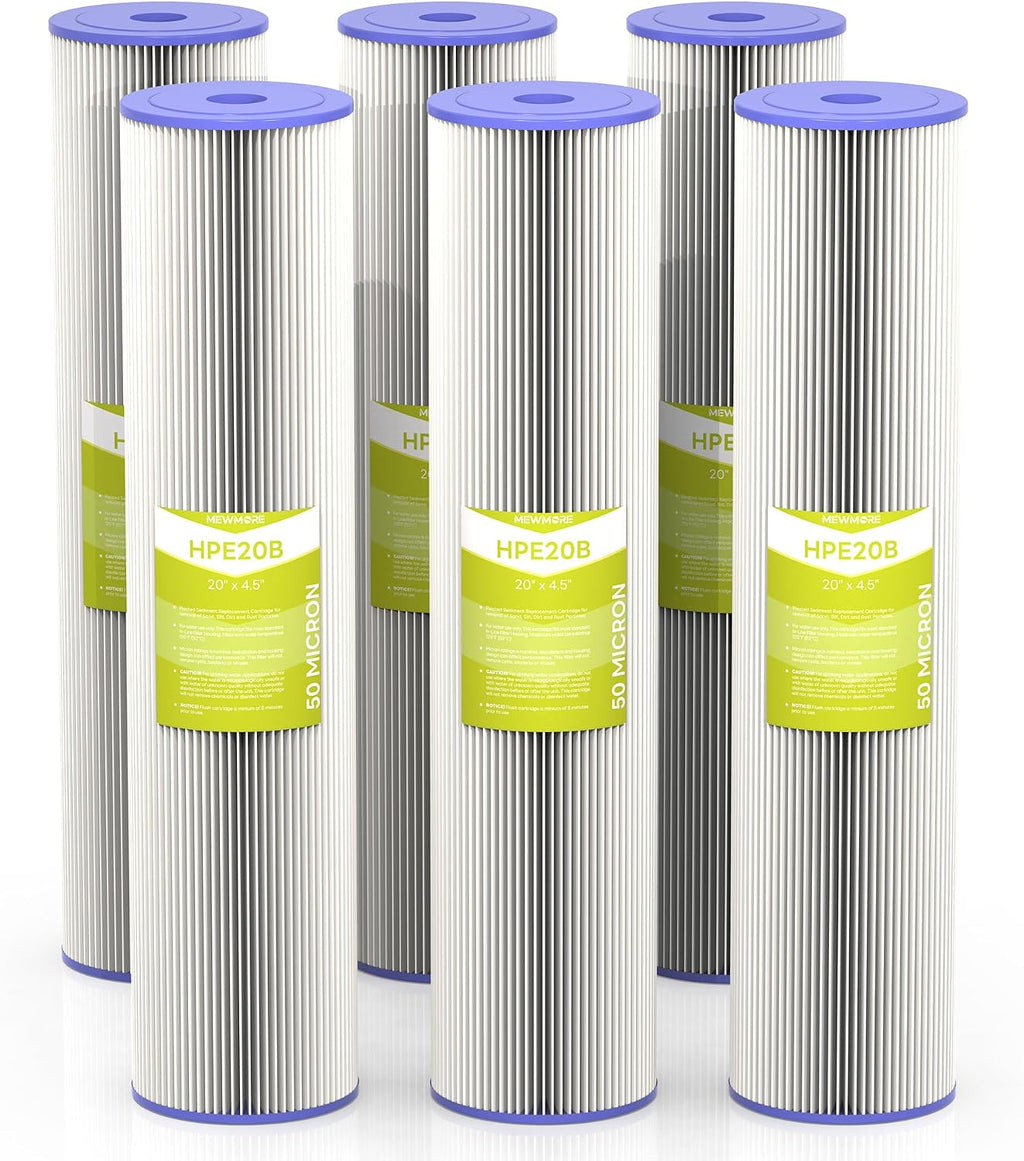 50 Micron Whole House Water Filter Cartridge, 20" x 4.5", 6-Pack