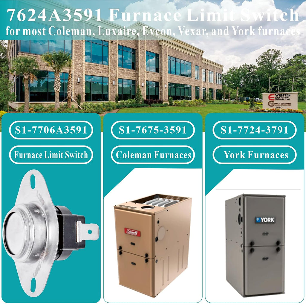 Upgraded 7624A3591 Furnace Limit Switch Compatible with Coleman Furnace Replacement Limit Switch L180, L180F for Coleman and York Furnace