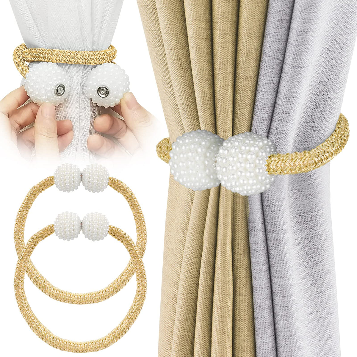8 Pack Magnetic Curtain Tiebacks with Pearls,Window Treatment Holdbacks