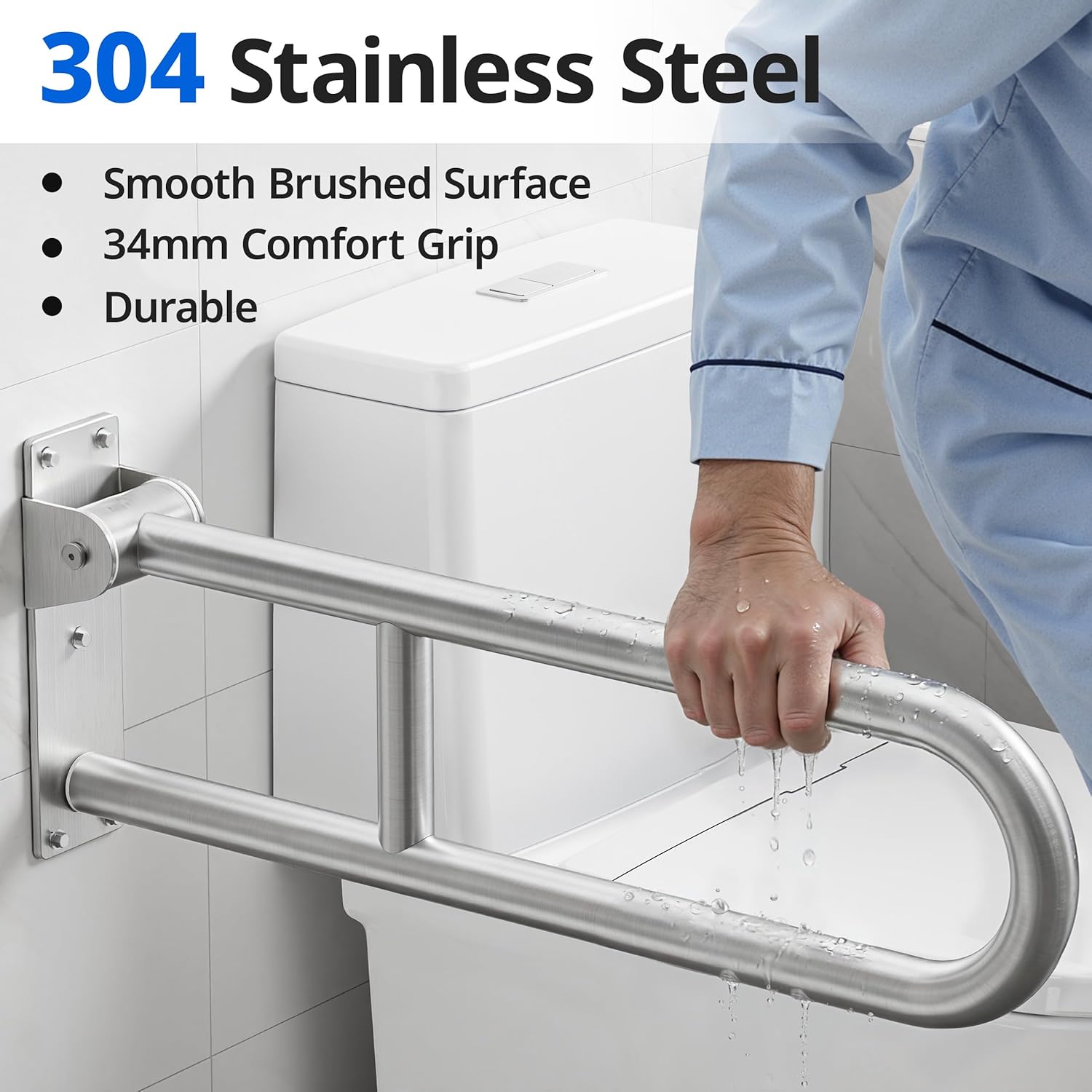 Toilet Grab Bar, Bathroom Safety Handrail Wall Mounted, 304 Stainless Steel Flip Up Folding Support Rail for Elderly
