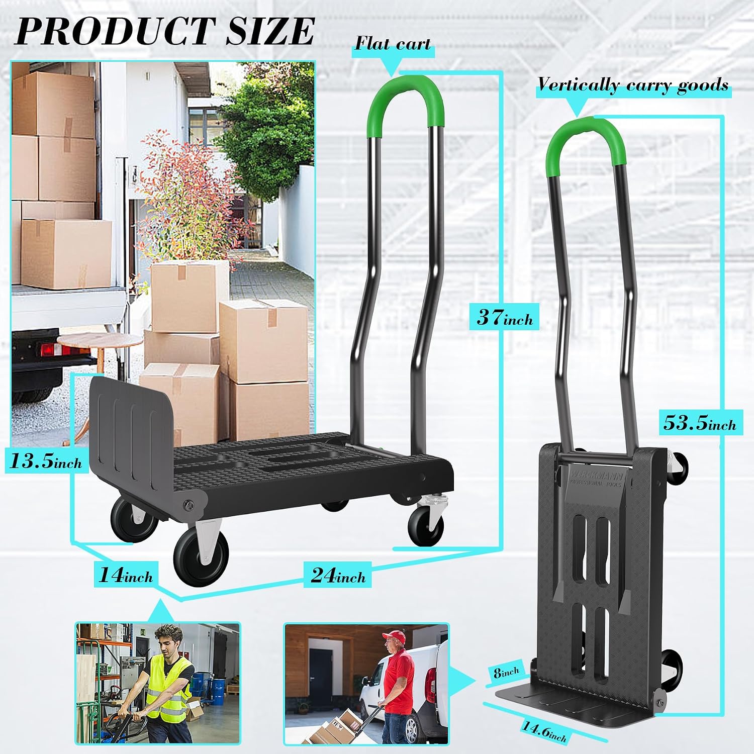 2-in-1 Convertible Hand Truck Dolly, 330LBS Capacity, 4-Wheel & 2-Wheel Modes, One-Button Switch, Foldable