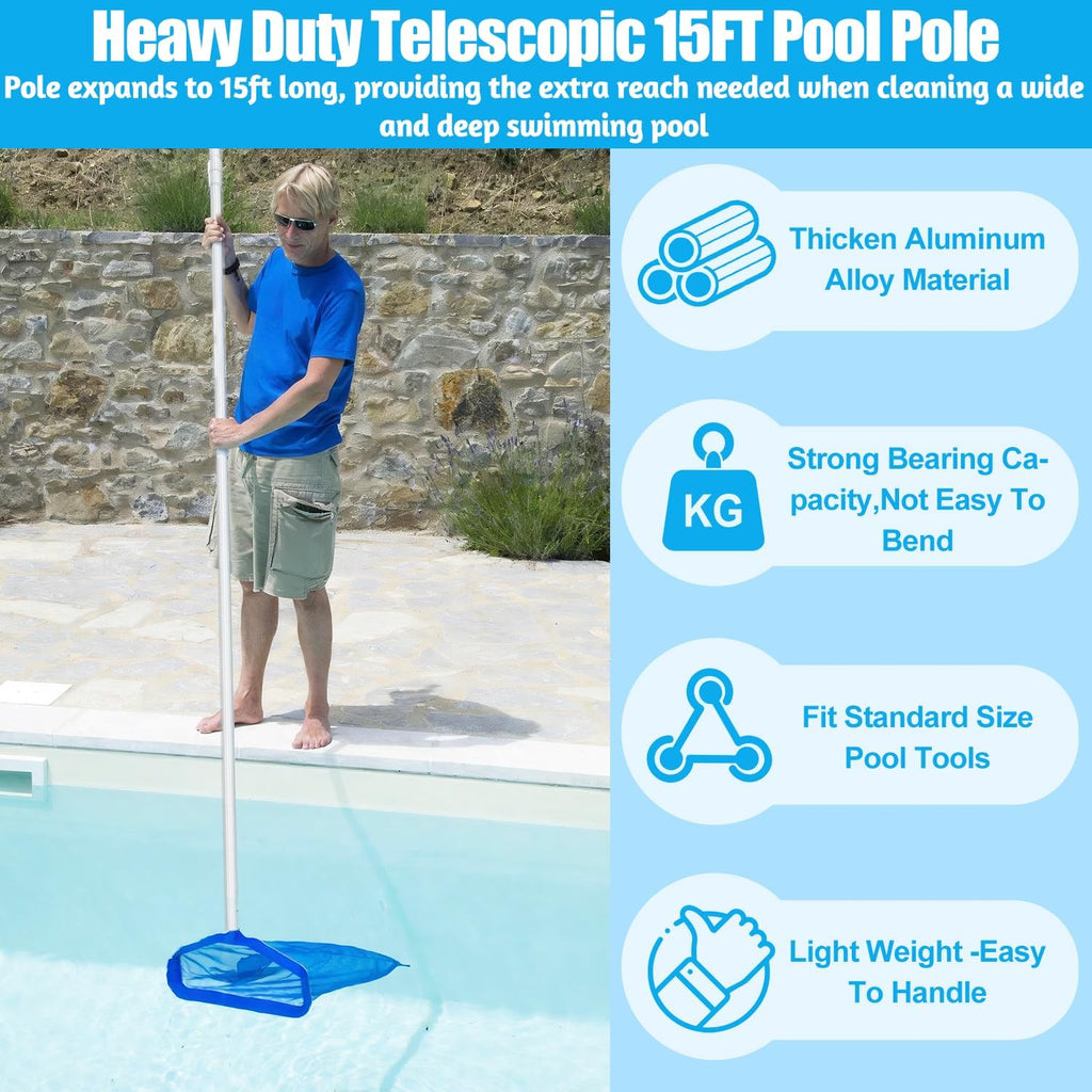 Professional 15 Foot Swimming Pool Pole Telescopic Aluminum Fits Pool Net Skimmer Rake Vacuum Head Brush Cleaning