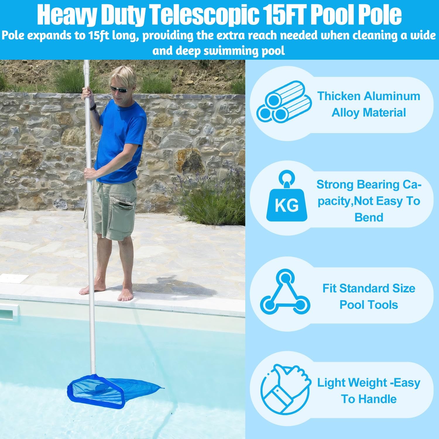 Professional 15 Foot Swimming Pool Pole Telescopic Aluminum Fits Pool Net Skimmer Rake Vacuum Head Brush Cleaning