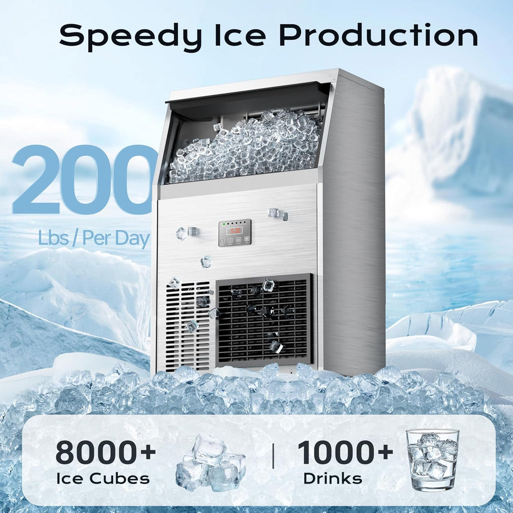 Commercial Ice Maker Machine 200 Lbs/24H with 50 Lbs Storage Bin, Stainless Steel Under Counter Ice Machine, Self