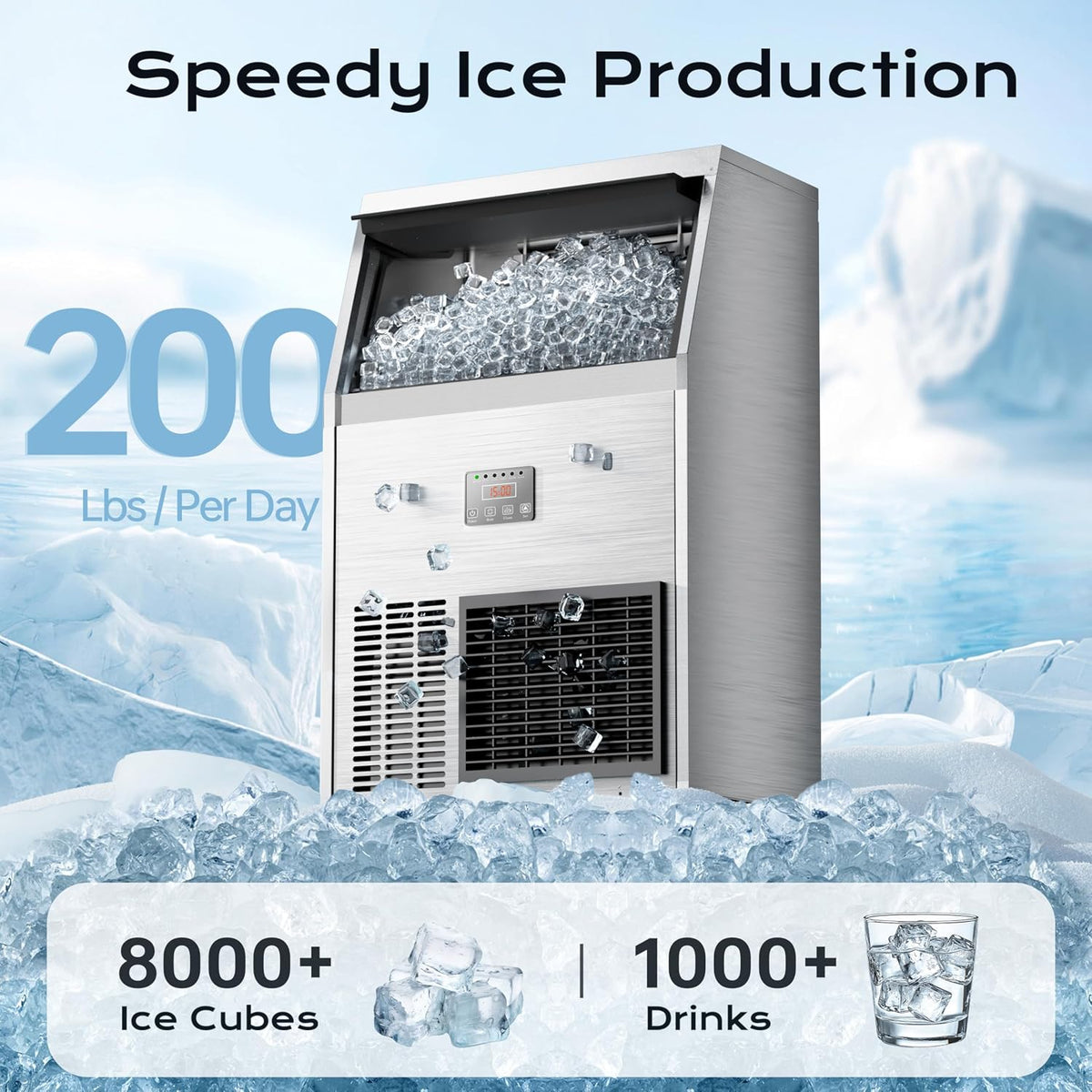 Commercial Ice Maker Machine 200 Lbs/24H with 50 Lbs Storage Bin, Stainless Steel Under Counter Ice Machine, Self
