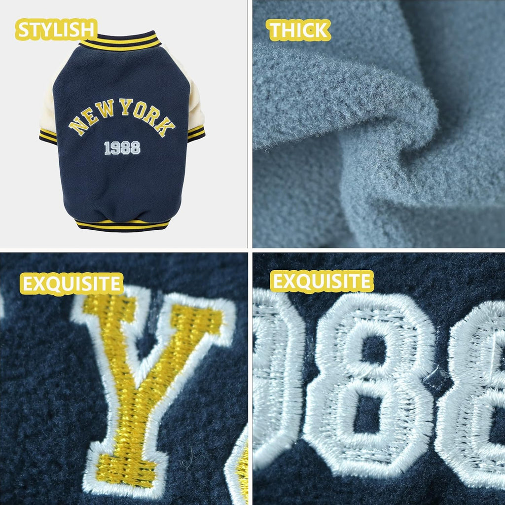 Small Dog Fleece Varsity Jacket for Winter, Warm Pet Coat with Snap Buttons, Cold Weather Heavyweight Coats for Cats