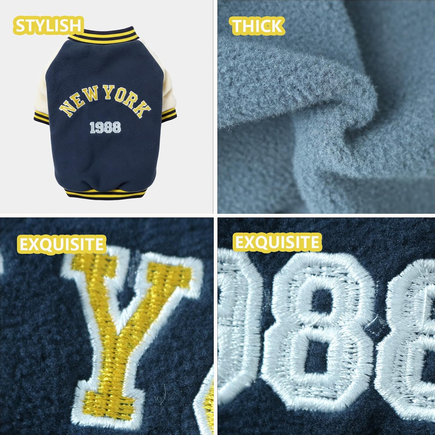 Small Dog Fleece Varsity Jacket for Winter, Warm Pet Coat with Snap Buttons, Cold Weather Heavyweight Coats for Cats