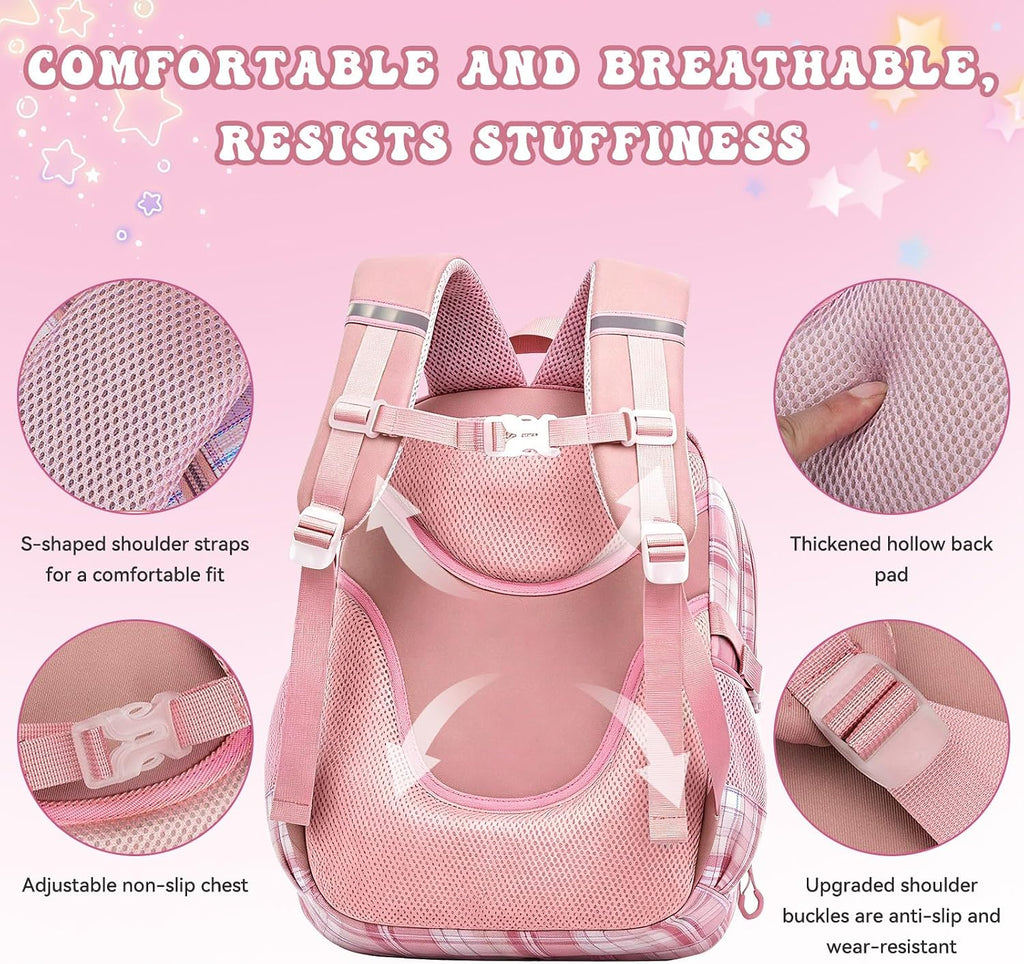 Backpack for Girls,Cute Plaid Backpack,Preppy Bookbag for Elementary & Middle School Students,Large Capacity School