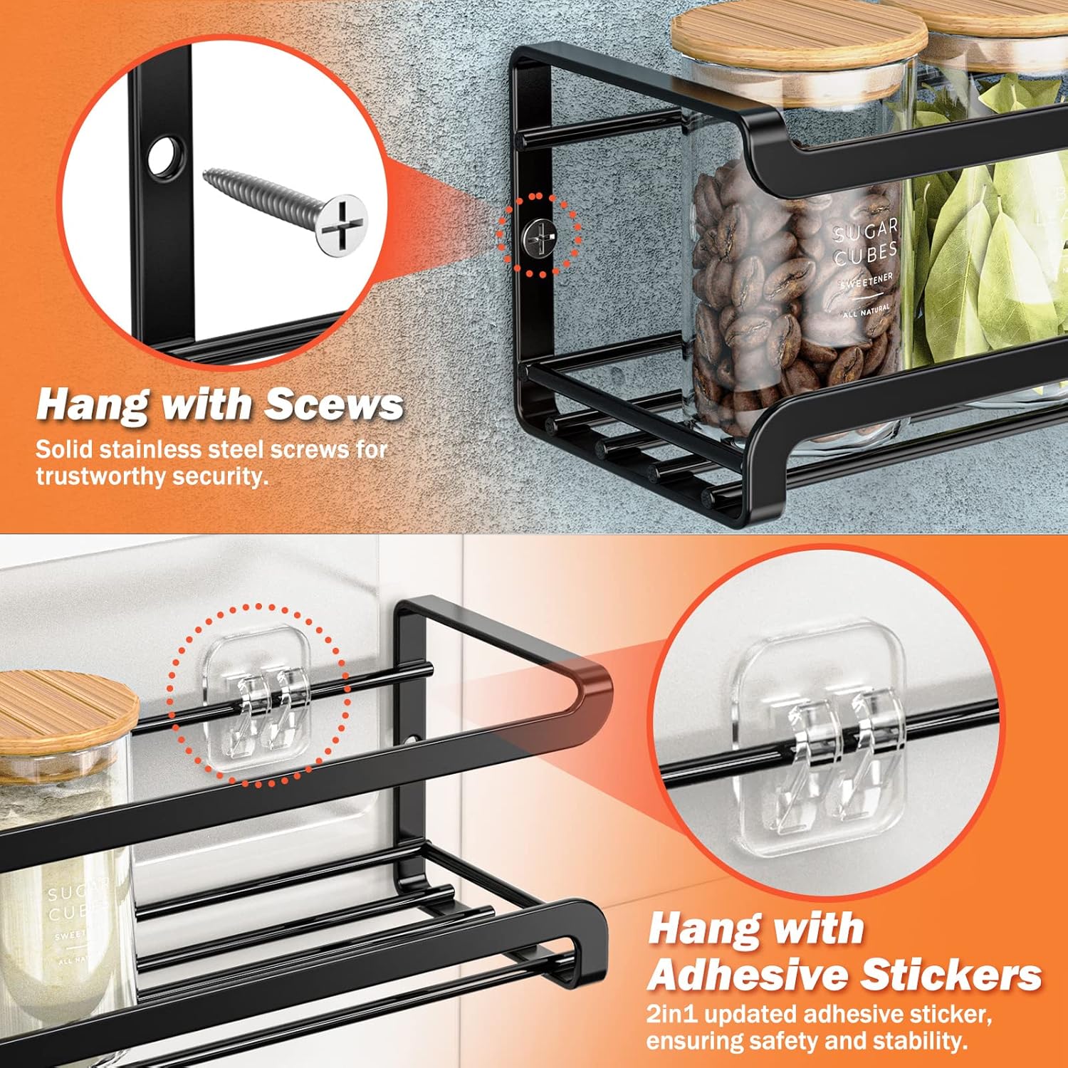 Spice Rack Wall Mounted 4 Pack, Black,For Spice Jars & Seasonings | 4 Removalble Hooks,Screw or Adhesive Hanging