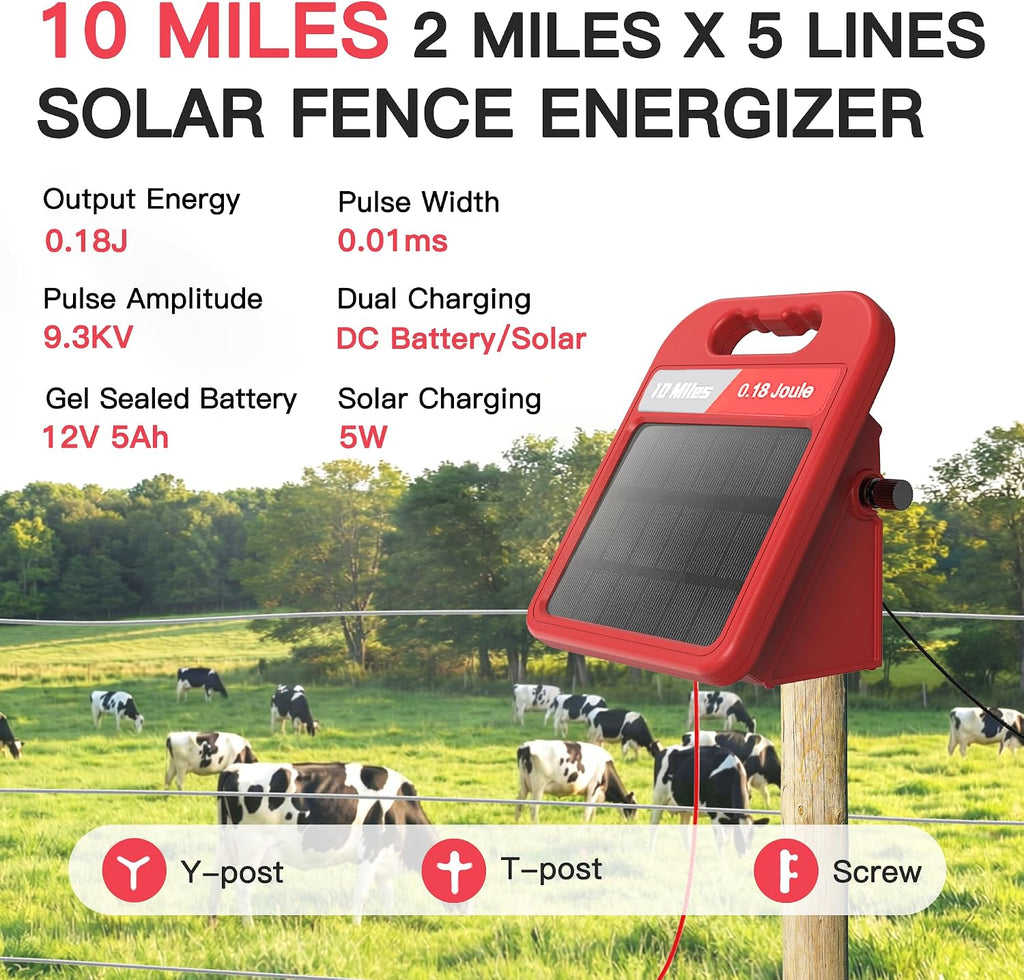10 Mile Solar Fence Charger 0.18J Electric Fence Energizer with Day Night Mode 24-Hour Protection Red