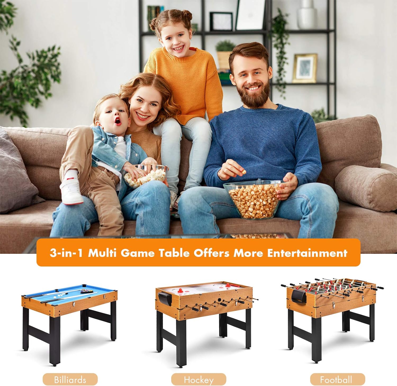 3 in 1 Multi Game Table, 49 Inch with Foosball Hockey & Billiards, Competition Sized Combo Game Table for Home, Game