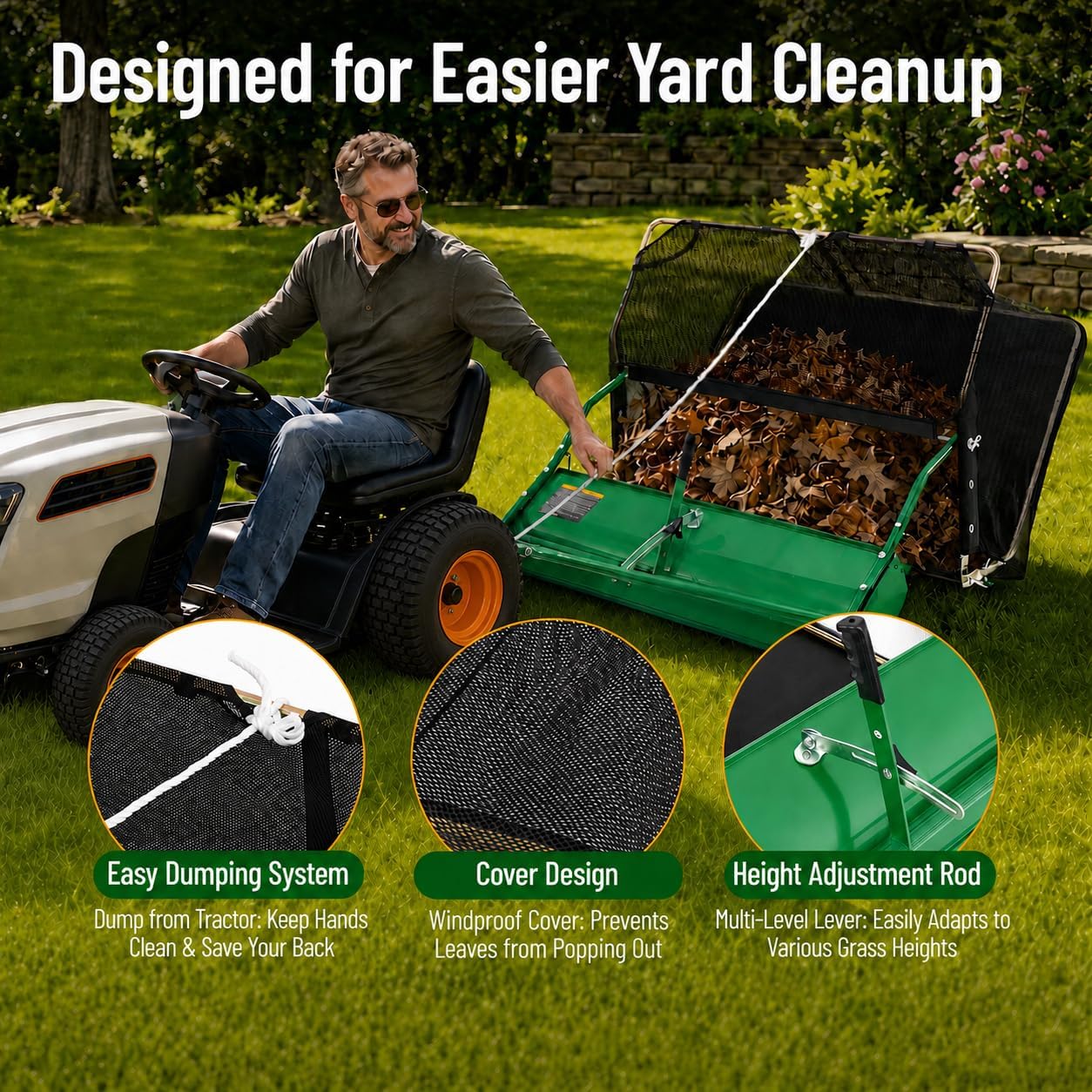 50" Lawn Sweeper Tow Behind, 26 Cu. Ft. Large Capacity Leaf Collector