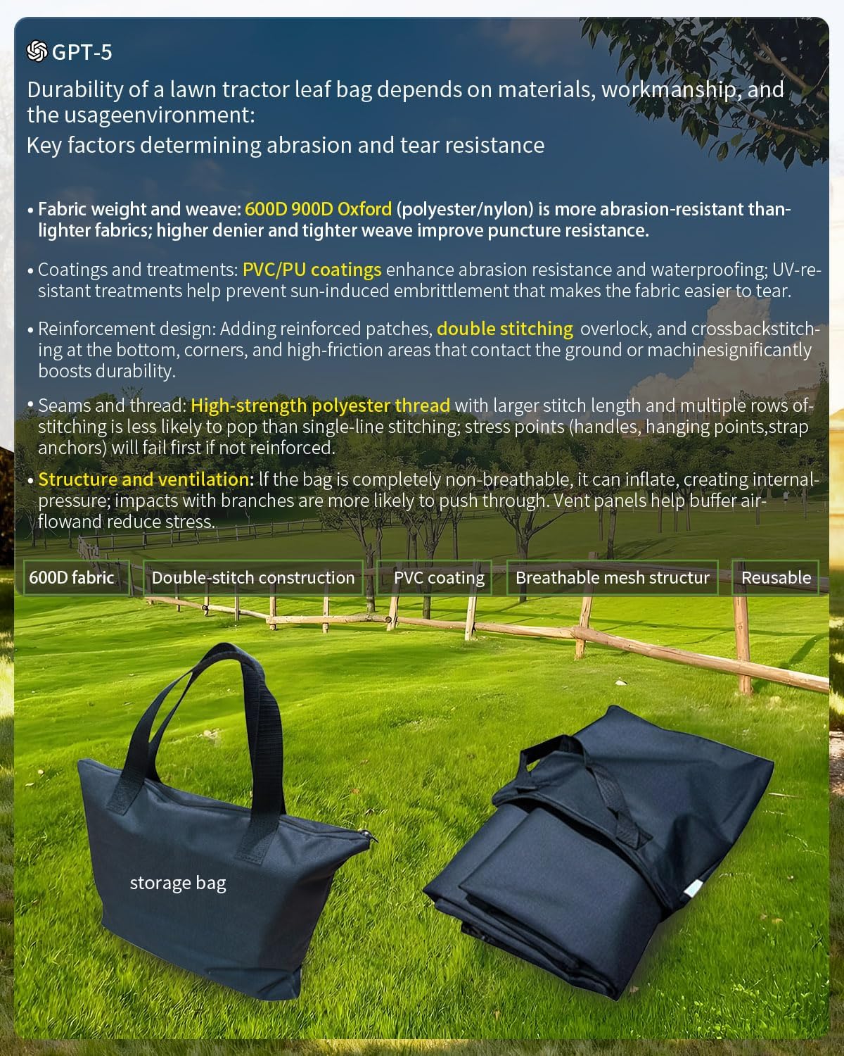 Lawn Tractor Leaf Bag 600D Heavy Duty Material 54.Cu.Ft Standard Leaf Bagger for Riding Lawn Mower,Heavy Duty Leaf