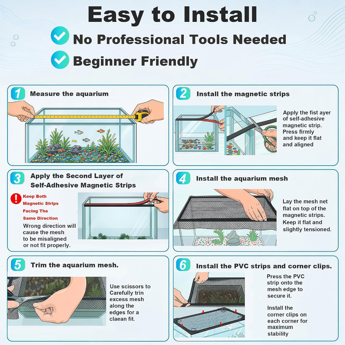 Magnetic Aquarium Lid, DIY Mesh Cover for Rimless & Curved Fish Tanks
