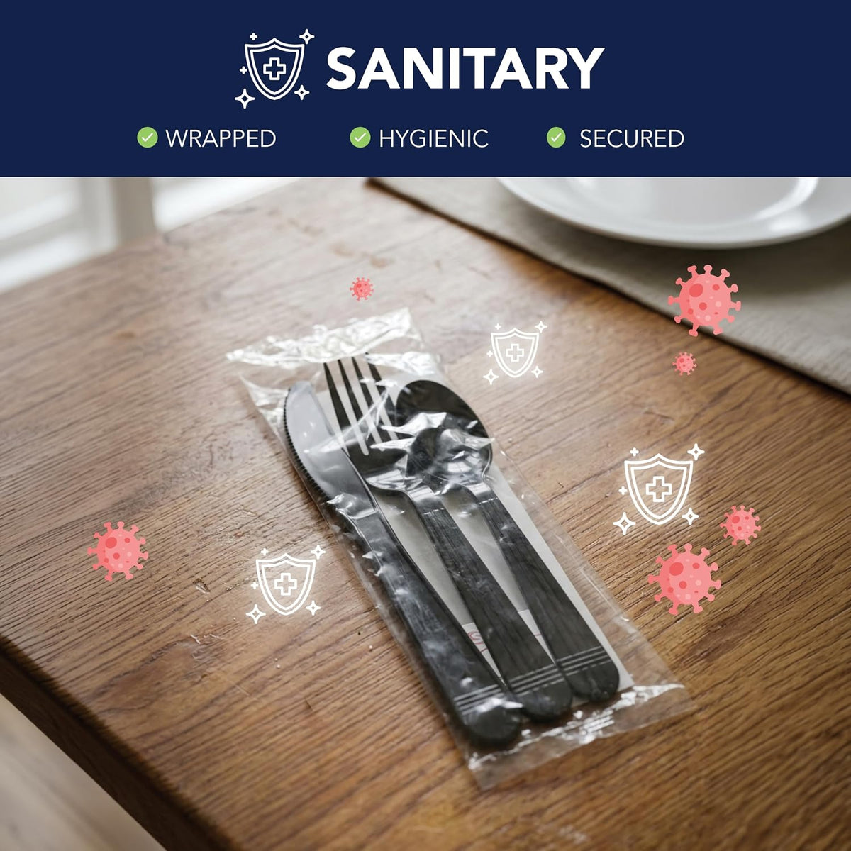 Individually Wrapped Black Plastic Cutlery Packets/Heavy Duty Silverware Kits, Fork/Spoon/Knife/Napkin/Salt/Pepper