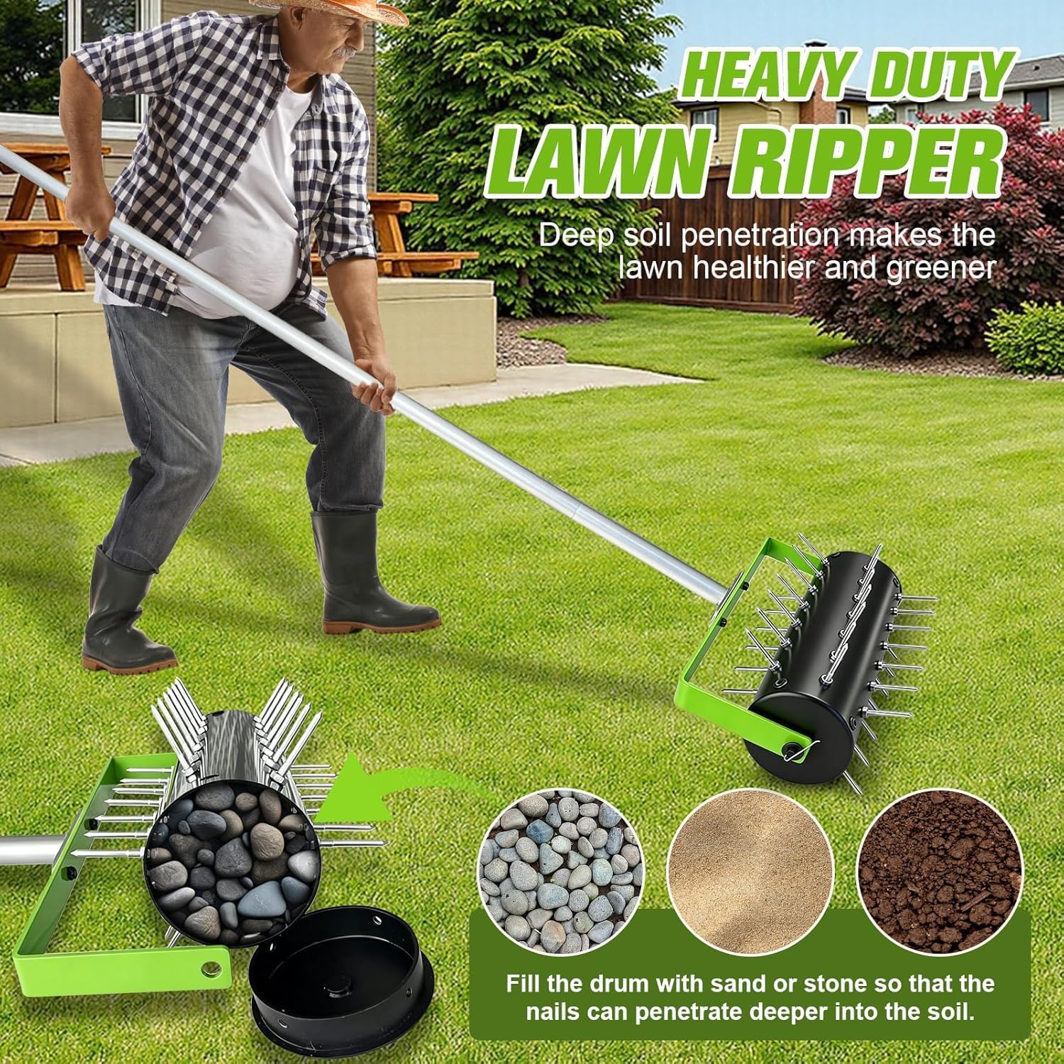 Rolling Lawn Aerator Tool Heavy Duty Manual Push Aerator Lawn Tool with 42 Spikes Lawn Aerator Spike Tool for