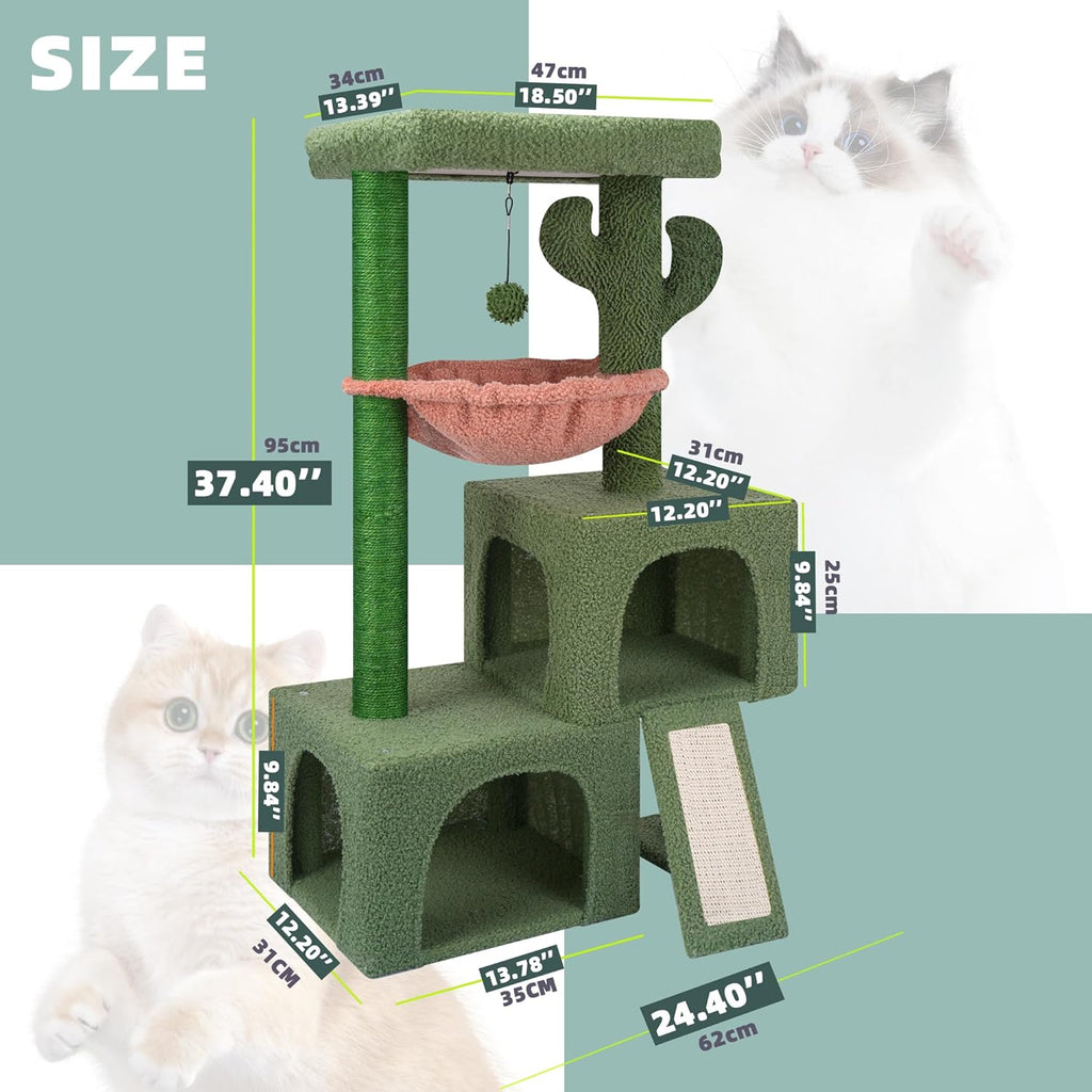 37.4" Cactus Cat Tree Tower with Twin Cat Condos for Indoor Cats, All-in-One Activity Center with Cat Scratching Post