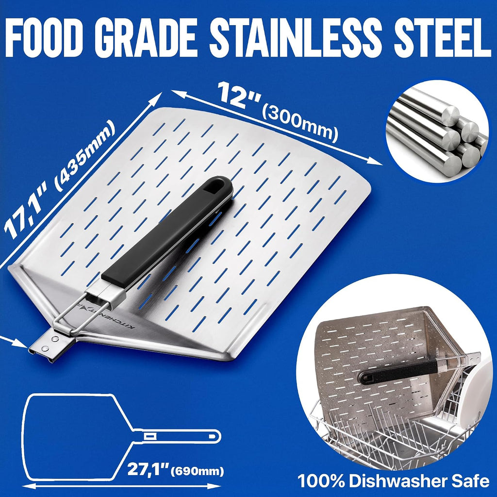 12-Inch Stainless Steel Pizza Peel with Folding Handle, Silver Perf