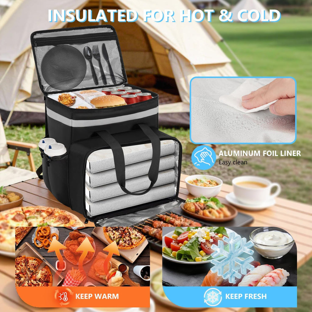 Food Delivery Backpack, Expandable Insulated Pizza Bag with 4 Cup Holders