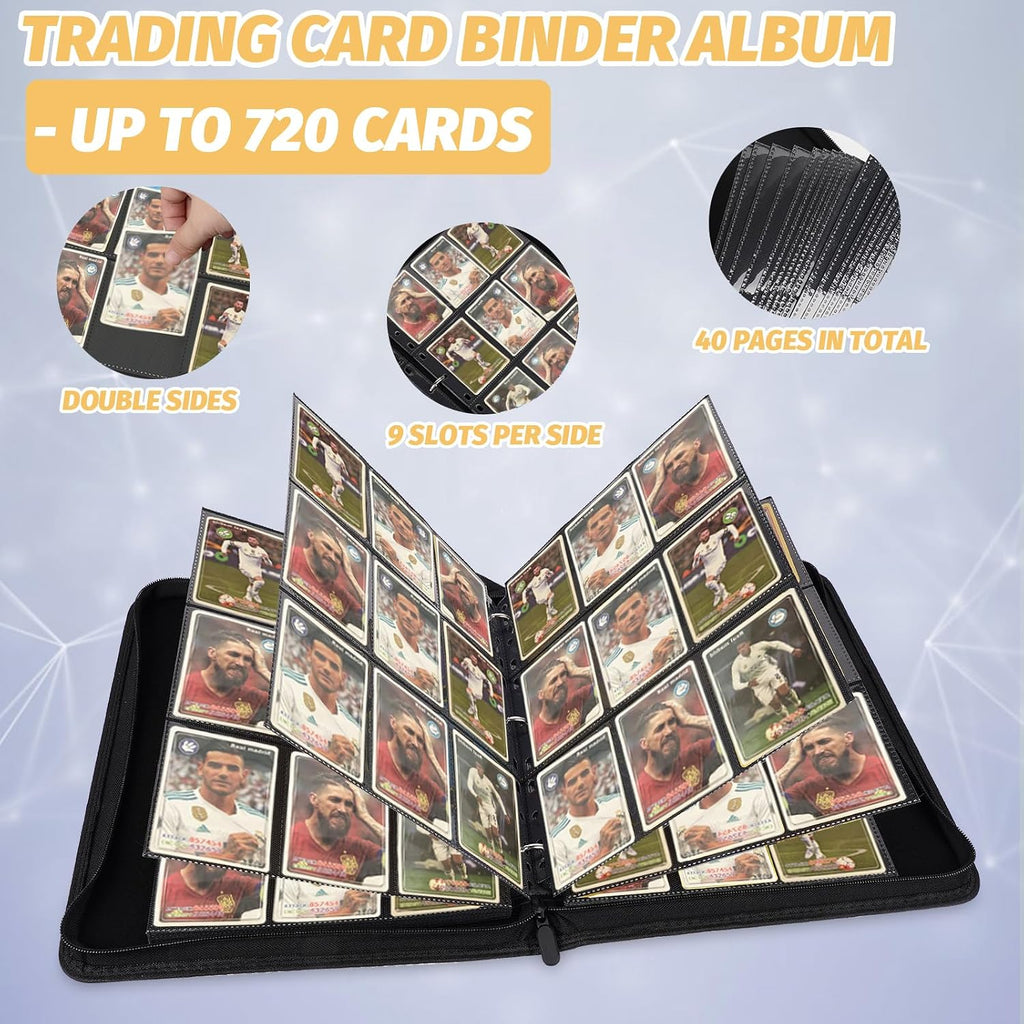 9 Pocket Trading Card Binder,720 Cards,40 Top-Loading Pages, Double Sided Pockets PU Cover Zipper Collection Album