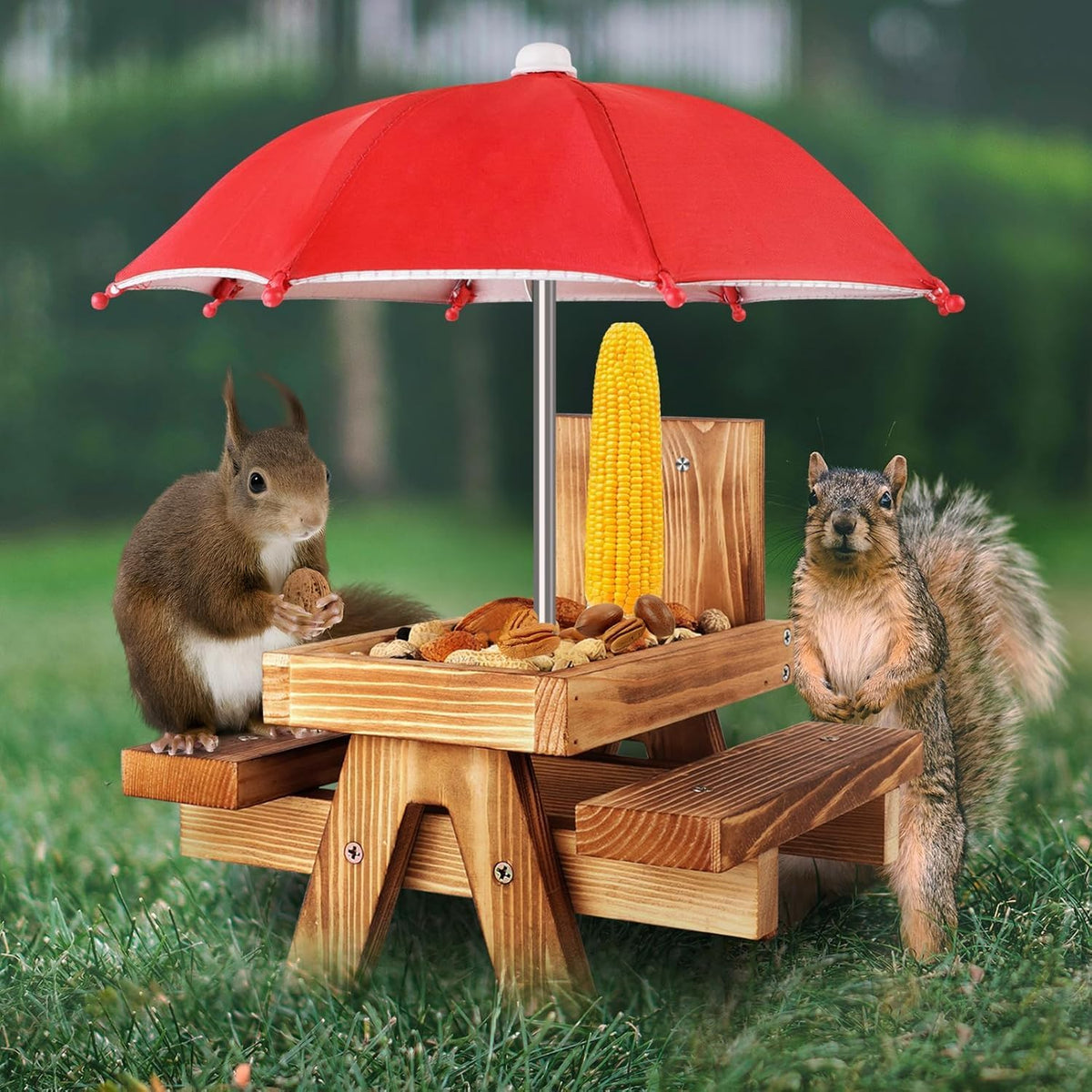 Gnodary Squirrel Feeder with Umbrella, Squirrel Feeders for Outside, Squirrel Picnic Table Feeder - Chipmunk Feeder