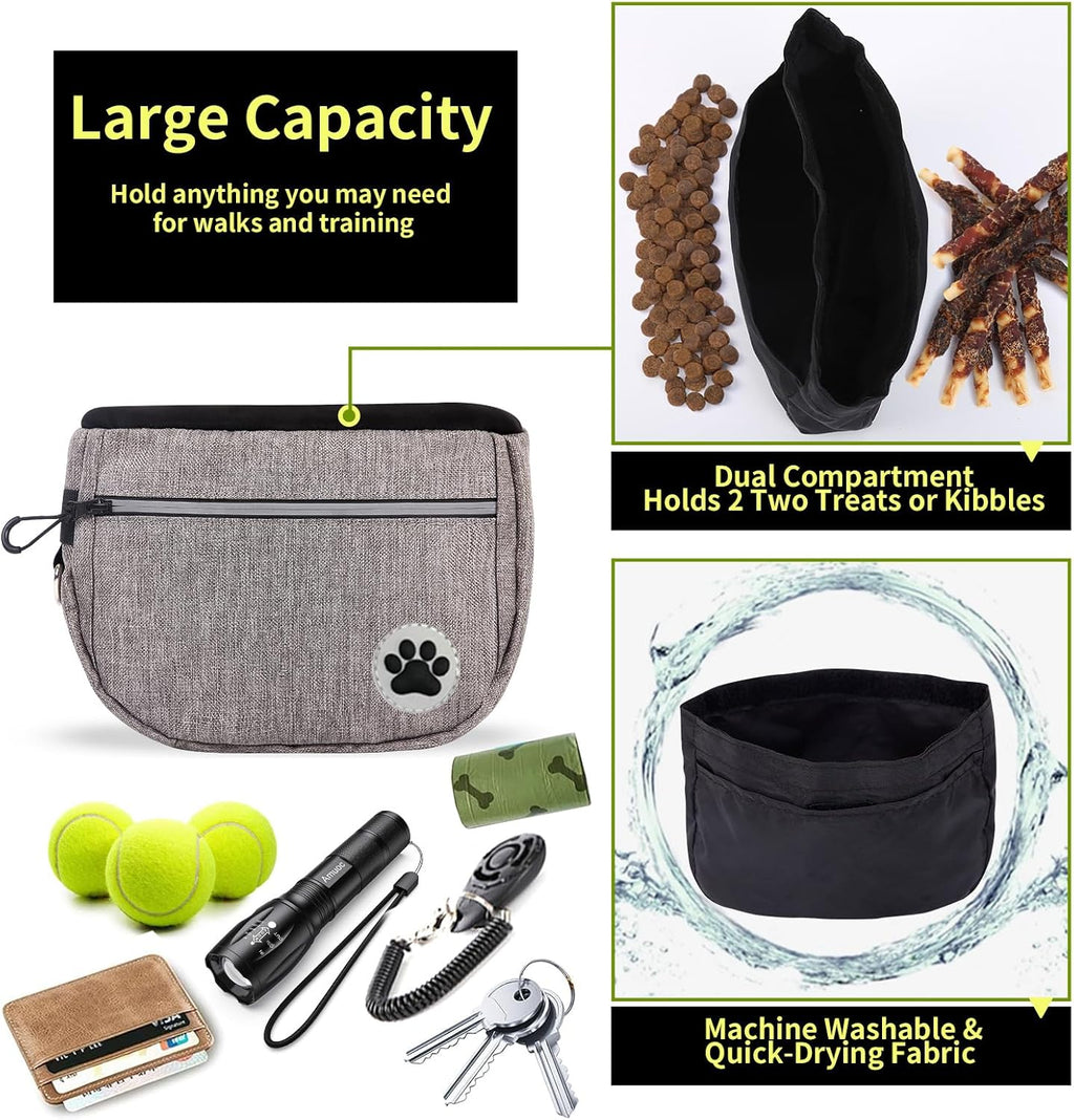Large 7 Cup Dog Treat Pouch with Clicker,Treat Pouches for Pet Training,Crossover Self-Closing Bag,Built-in Poop Bag