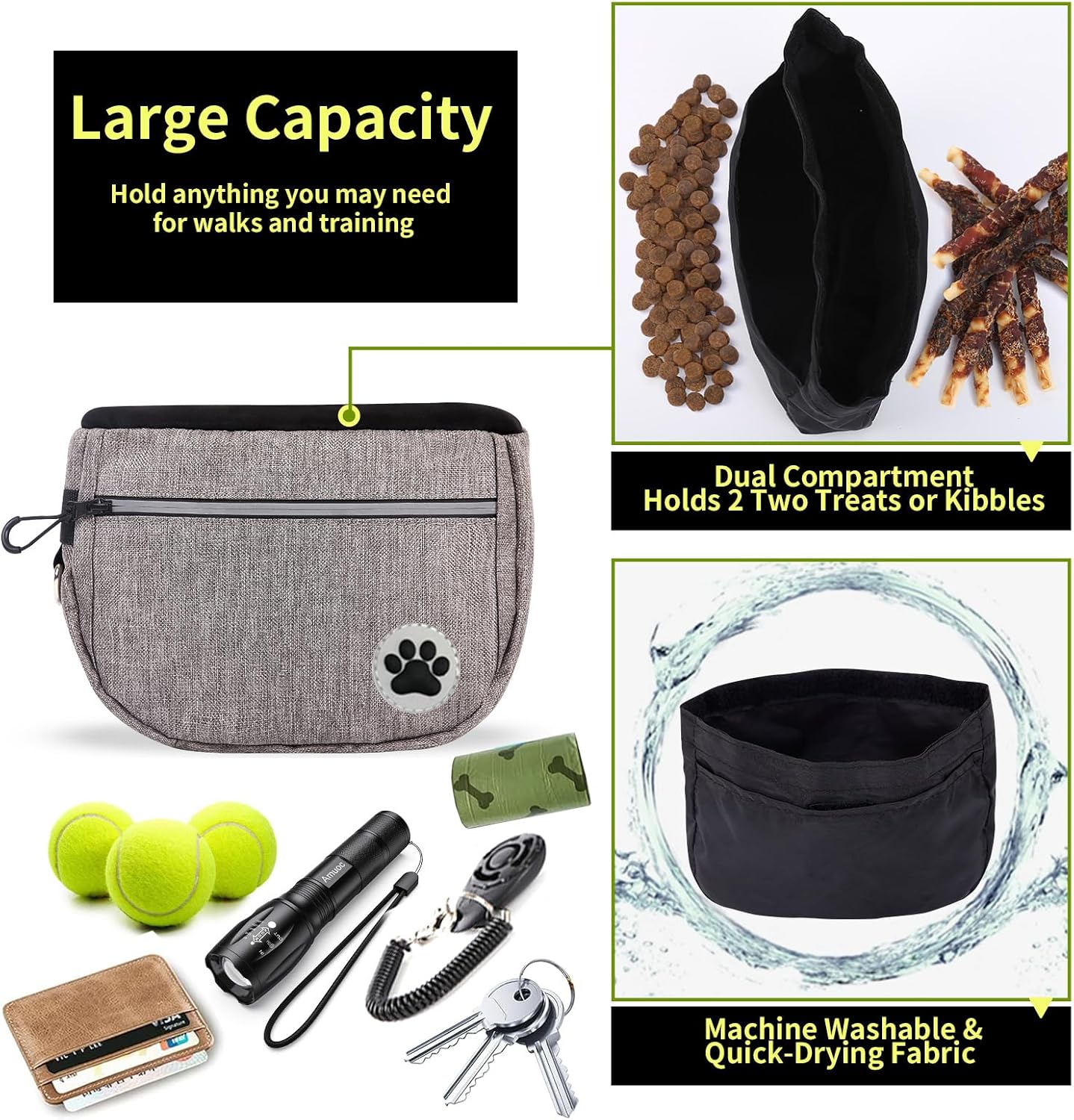 Large 7 Cup Dog Treat Pouch with Clicker,Treat Pouches for Pet Training,Crossover Self-Closing Bag,Built-in Poop Bag