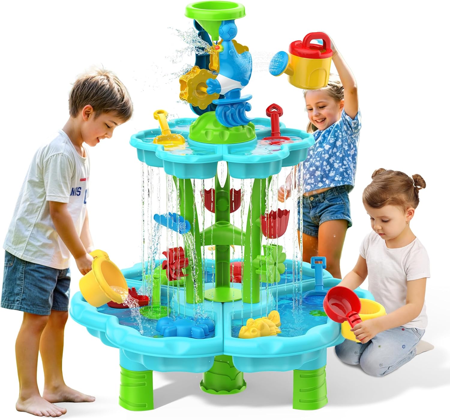 Kids Flower Water Sand Table for Toddlers - 2-Tier Outdoor Water Sand Play Table Toys for Boys Girls, Summer Splash