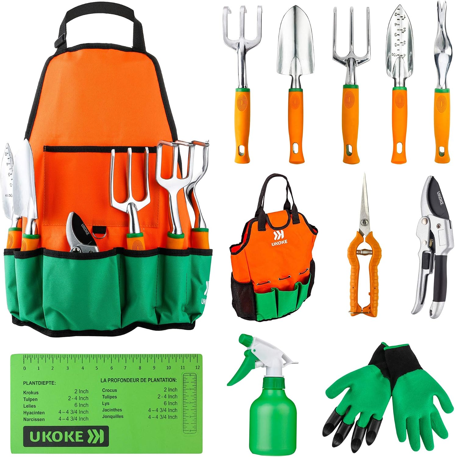 Garden Tool Set, 12 Piece Aluminum Hand Tool Kit, Garden Canvas Apron with Storage Pocket, Outdoor Tool, Heavy Duty