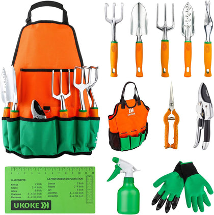 Garden Tool Set, 12 Piece Aluminum Hand Tool Kit, Garden Canvas Apron with Storage Pocket, Outdoor Tool, Heavy Duty