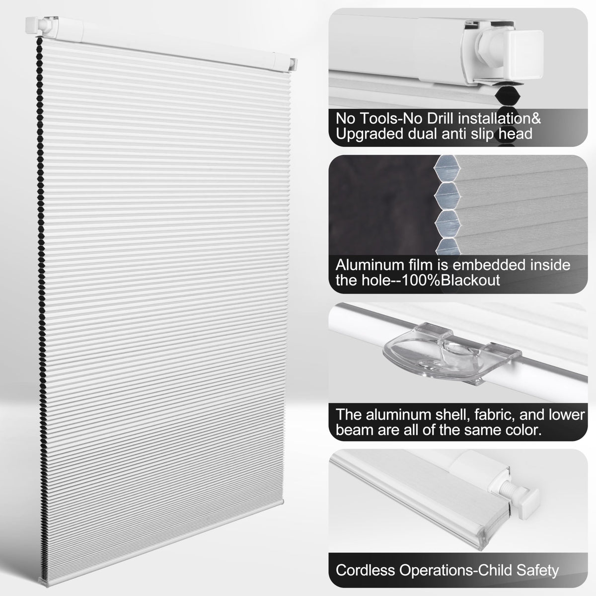 No Drill No Tools Blackout Cellular Shades,White,Custom Size