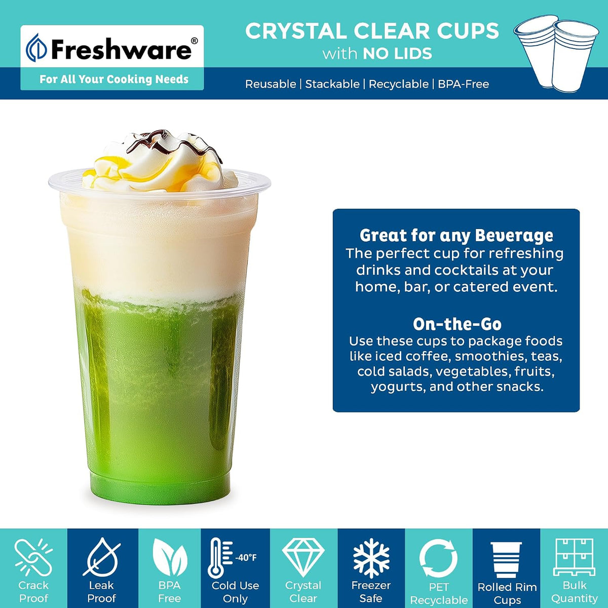 Clear Plastic Cups [100 Pack - 20 oz] Disposable Cups for Iced Coffee, Smoothie, Milkshake, Cold Drinks