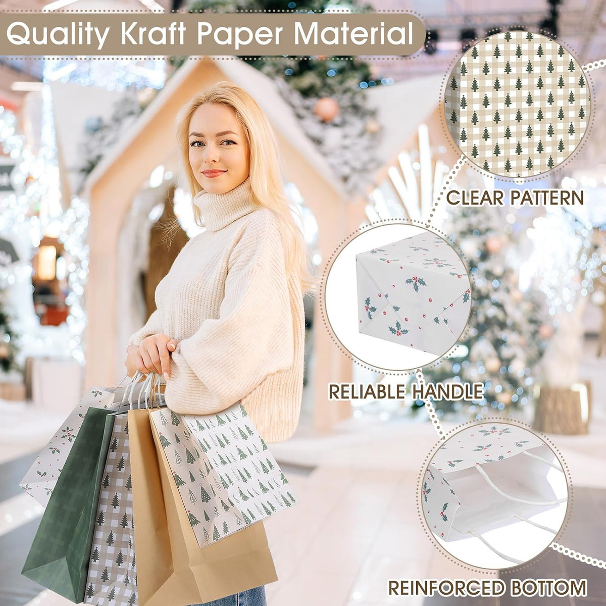 18 Pcs Green White Christmas Kraft Gift Bags, Neutral Aesthetic