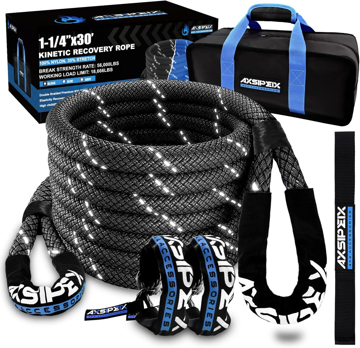 Kinetic Recovery Rope Kit (Reflective), 1.25in x 30ft 56,000Lbs, 35% High Elasticity, w/ 2 Soft Shackles, 18,666Lbs
