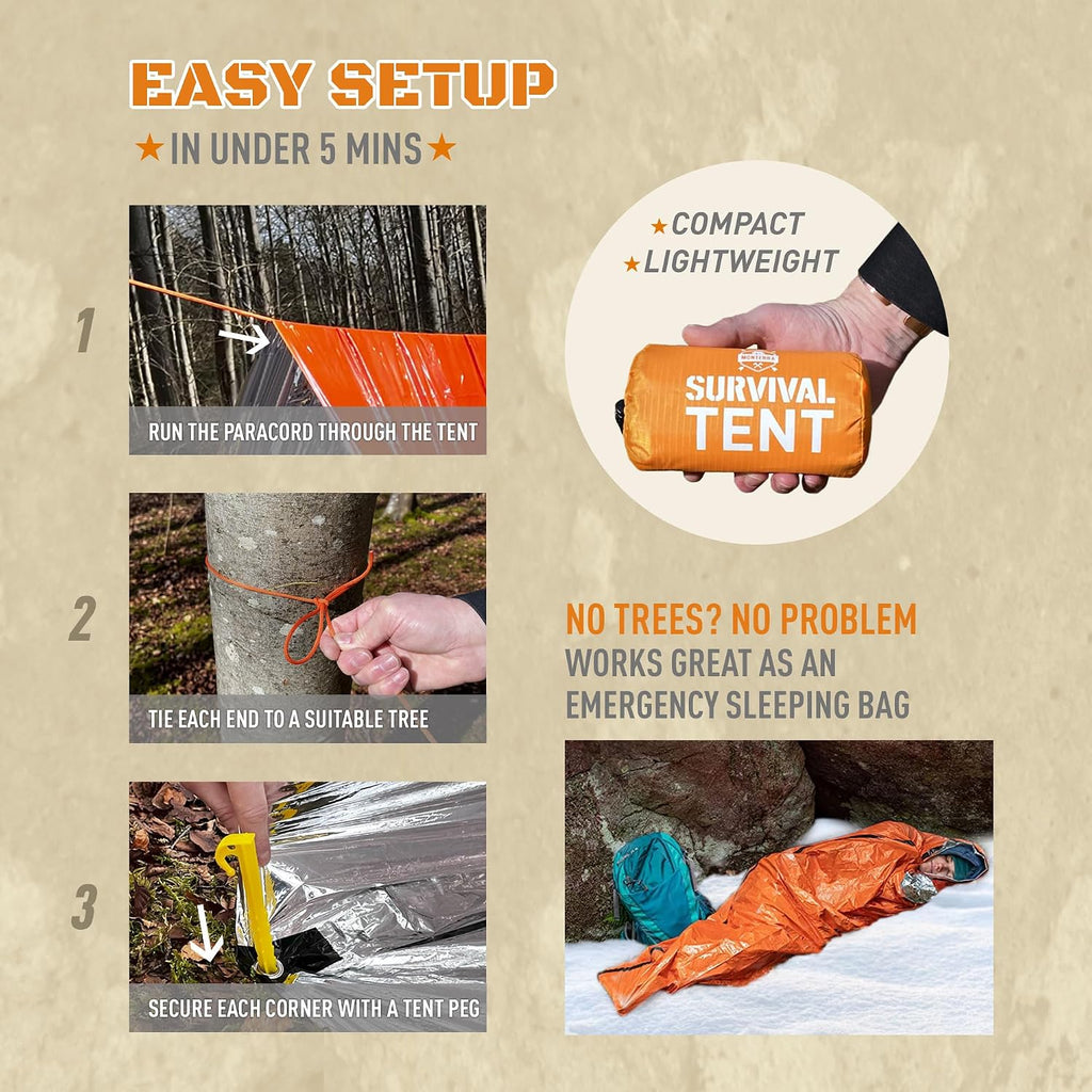 Emergency Tent, 2 Person Survival Shelter, Thermal Mylar, Waterproof, Outdoor Camping Gear and Equipment, Survival